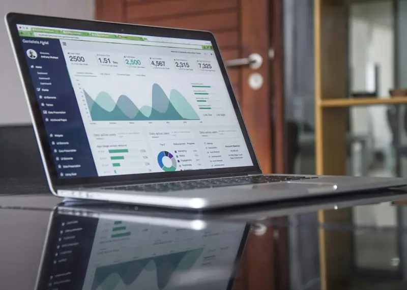 Notebook exibindo um painel com gráficos e indicadores